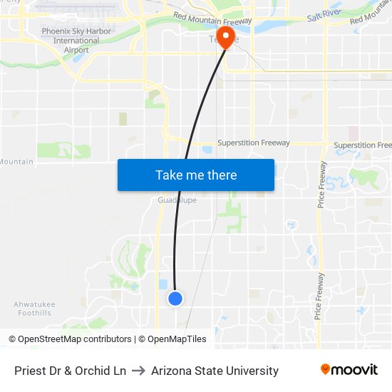 Priest Dr & Orchid Ln to Arizona State University map