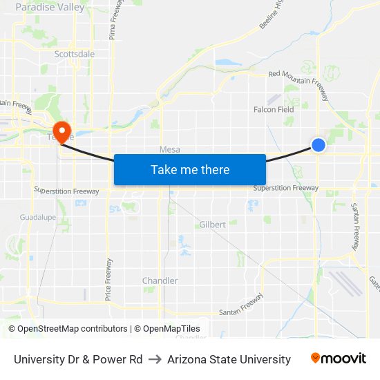 University Dr & Power Rd to Arizona State University map
