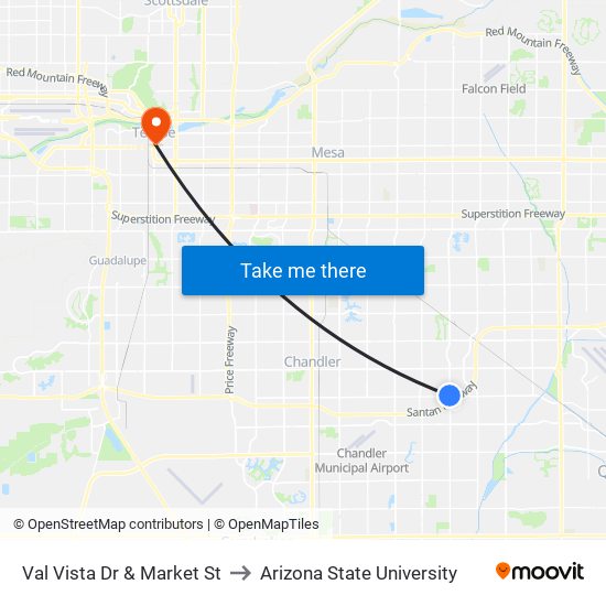 Val Vista Dr & Market St to Arizona State University map