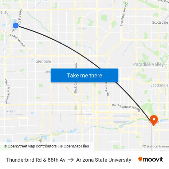 Thunderbird Rd & 88th Av to Arizona State University map