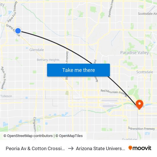 Peoria Av & Cotton Crossing to Arizona State University map