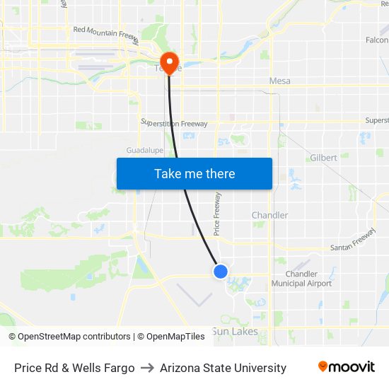 Price Rd & Wells Fargo to Arizona State University map
