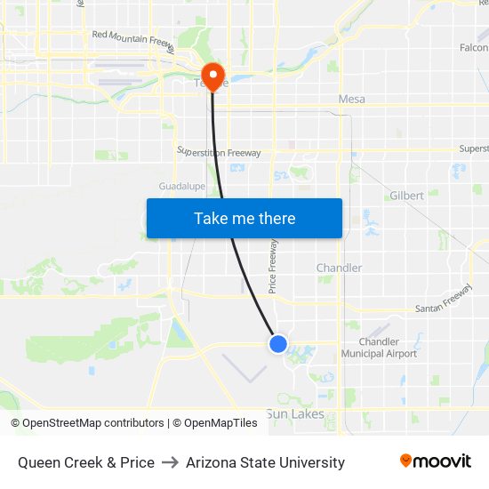 Queen Creek & Price to Arizona State University map