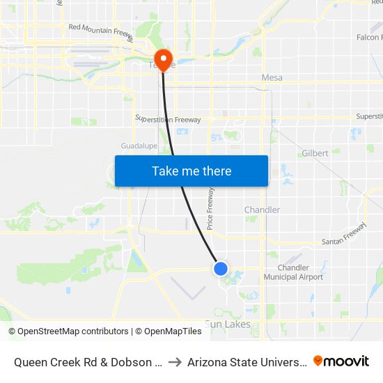Queen Creek Rd & Dobson Rd to Arizona State University map