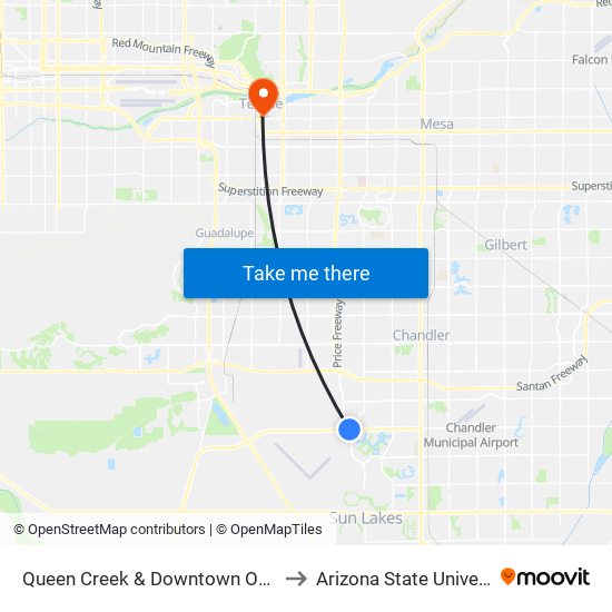 Queen Creek & Downtown Ocotillo to Arizona State University map