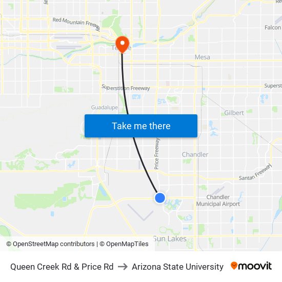 Queen Creek Rd & Price Rd to Arizona State University map