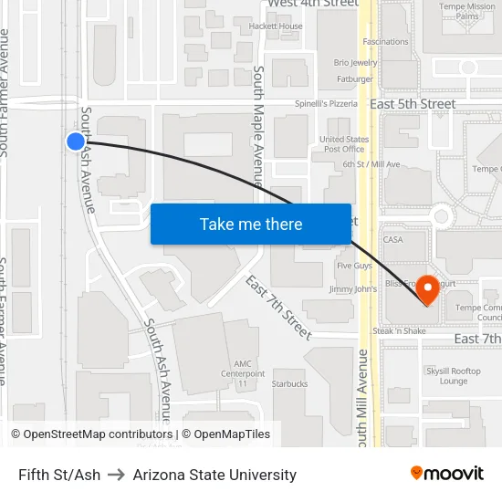 Fifth St/Ash to Arizona State University map