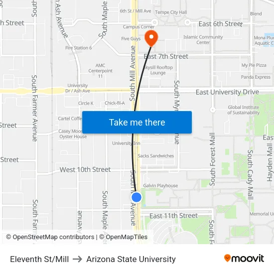 Eleventh St/Mill to Arizona State University map