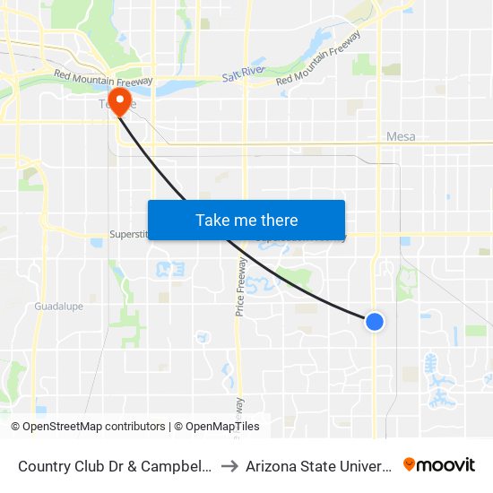 Country Club Dr & Campbell Rd to Arizona State University map