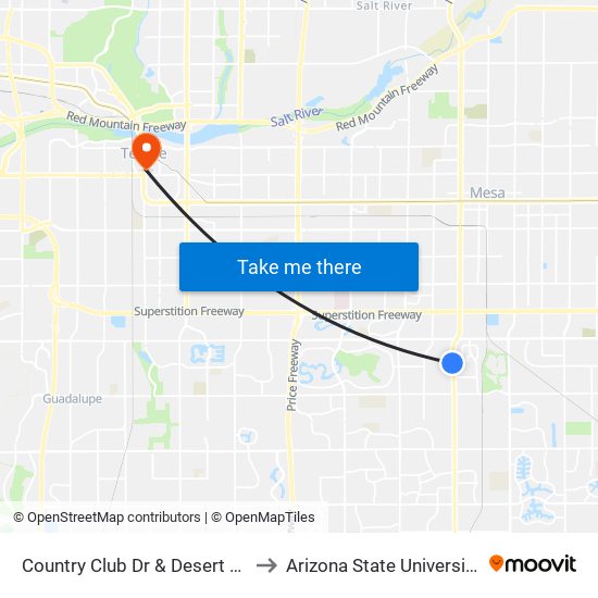 Country Club Dr & Desert Ln to Arizona State University map