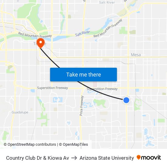 Country Club Dr & Kiowa Av to Arizona State University map