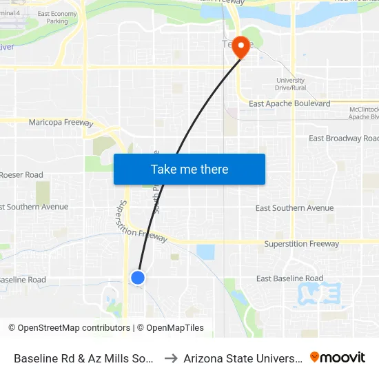 Baseline Rd & Az Mills South to Arizona State University map