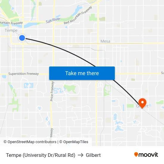 Tempe (University Dr/Rural Rd) to Gilbert map