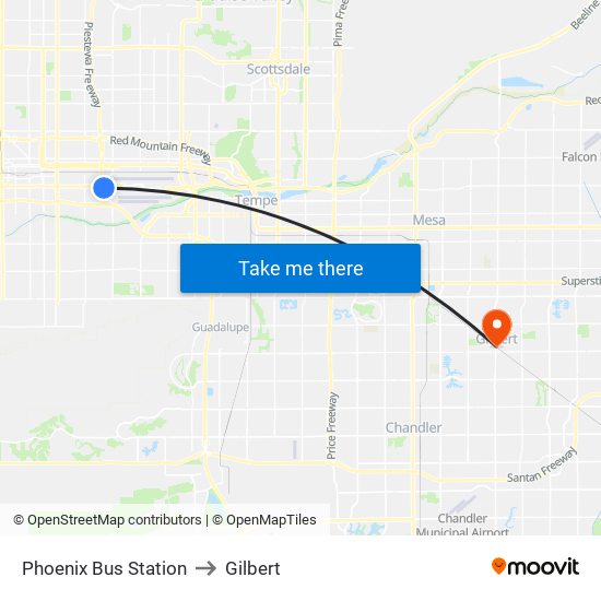 Phoenix Bus Station to Gilbert map