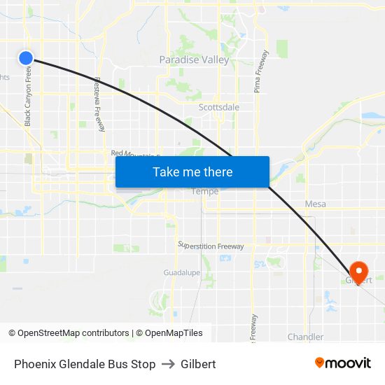 Phoenix Glendale Bus Stop to Gilbert map