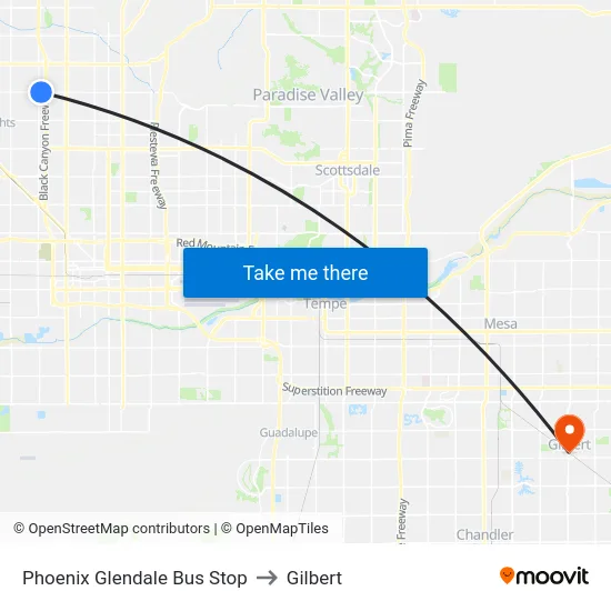 Phoenix Glendale Bus Stop to Gilbert map