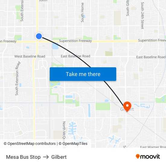 Mesa Bus Stop to Gilbert map