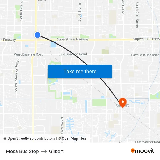 Mesa Bus Stop to Gilbert map