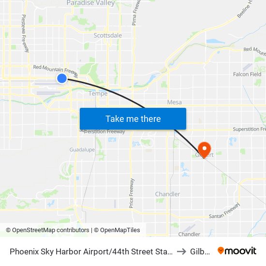 Phoenix Sky Harbor Airport/44th Street Station to Gilbert map