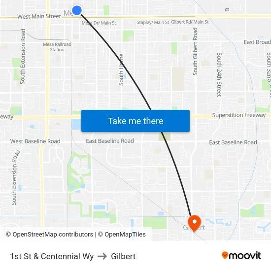 1st St & Centennial Wy to Gilbert map