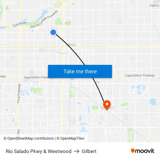 Rio Salado Pkwy & Westwood to Gilbert map