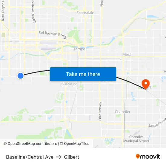 Baseline/Central Ave to Gilbert map