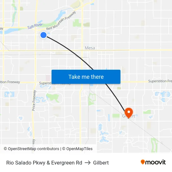 Rio Salado Pkwy & Evergreen Rd to Gilbert map