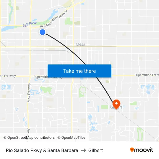 Rio Salado Pkwy & Santa Barbara to Gilbert map