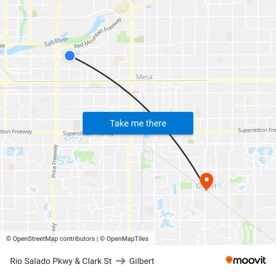 Rio Salado Pkwy & Clark St to Gilbert map