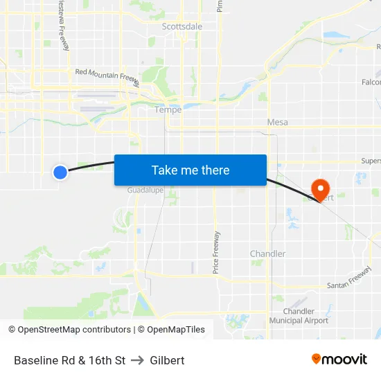 Baseline Rd & 16th St to Gilbert map