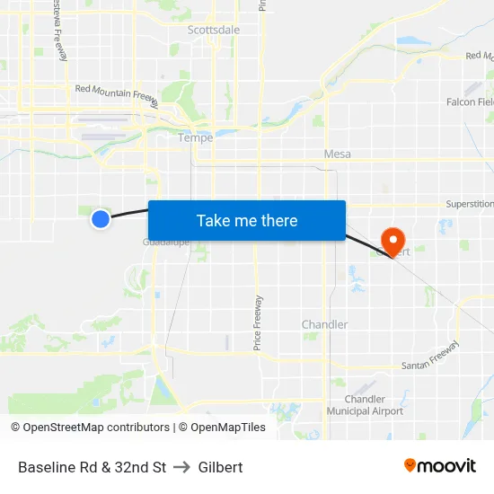 Baseline Rd & 32nd St to Gilbert map