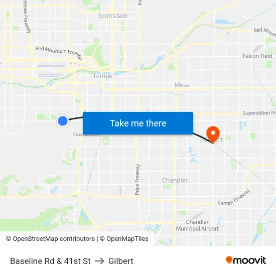 Baseline Rd & 41st St to Gilbert map