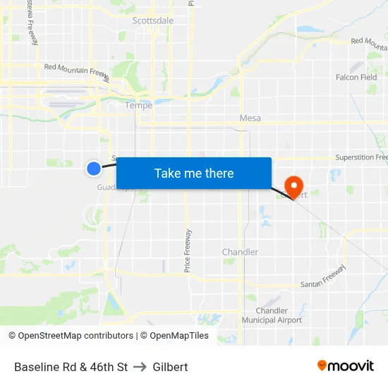 Baseline Rd & 46th St to Gilbert map
