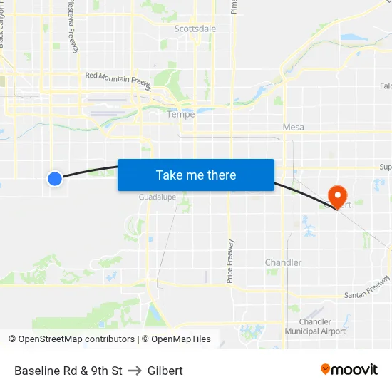 Baseline Rd & 9th St to Gilbert map