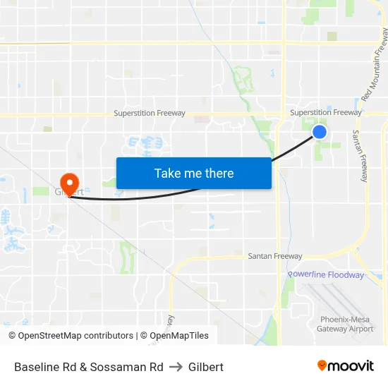 Baseline Rd & Sossaman Rd to Gilbert map