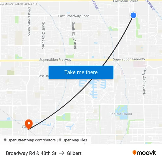 Broadway Rd & 48th St to Gilbert map