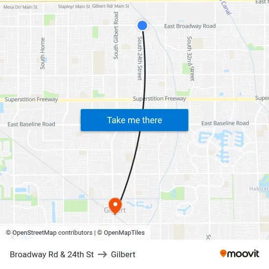 Broadway Rd & 24th St to Gilbert map