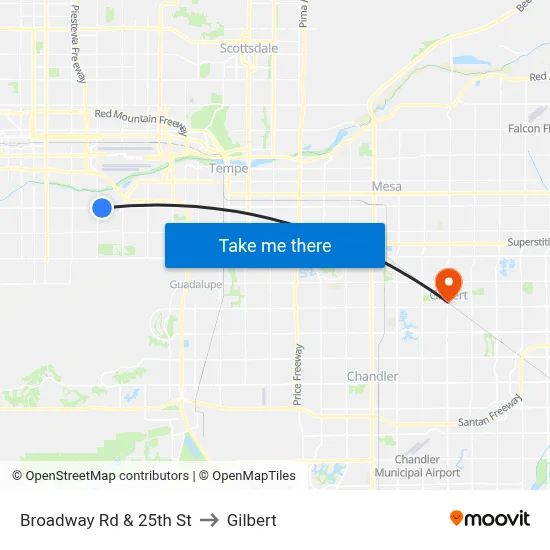 Broadway Rd & 25th St to Gilbert map