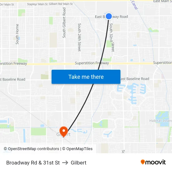 Broadway Rd & 31st St to Gilbert map