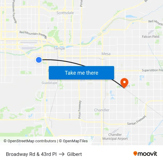 Broadway Rd & 43rd Pl to Gilbert map