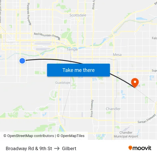 Broadway Rd & 9th St to Gilbert map
