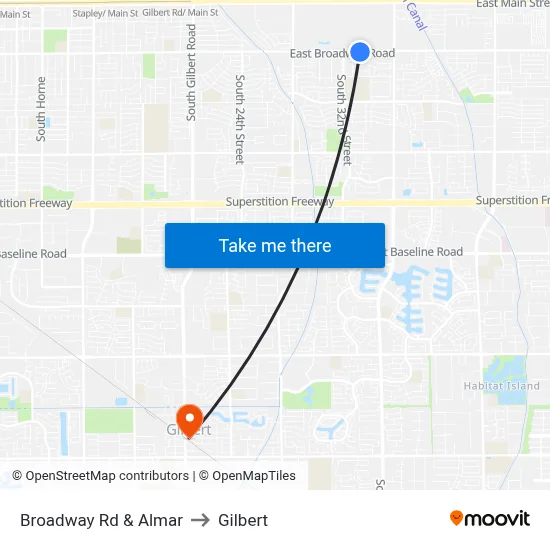 Broadway Rd & Almar to Gilbert map