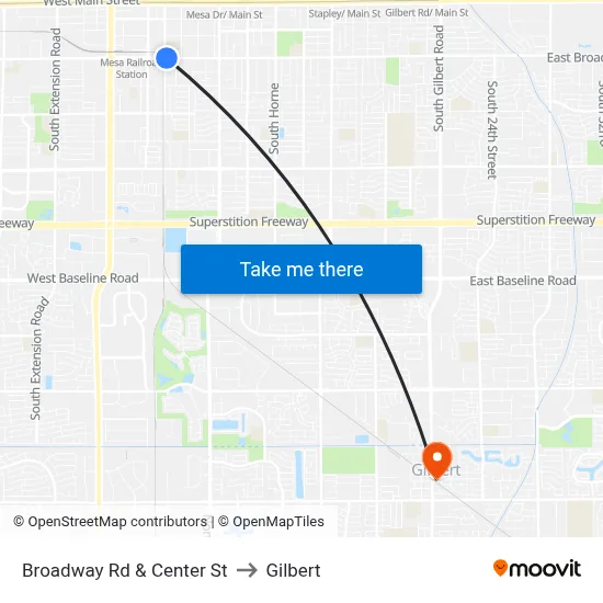 Broadway Rd & Center St to Gilbert map