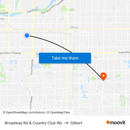 Broadway Rd & Country Club Wy to Gilbert map