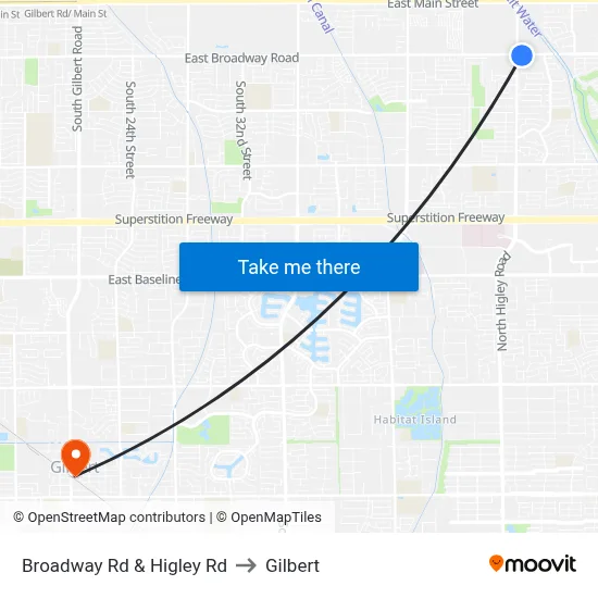 Broadway Rd & Higley Rd to Gilbert map