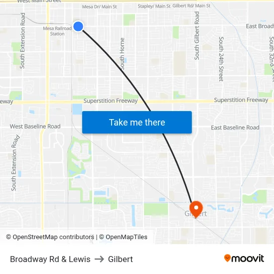 Broadway Rd & Lewis to Gilbert map
