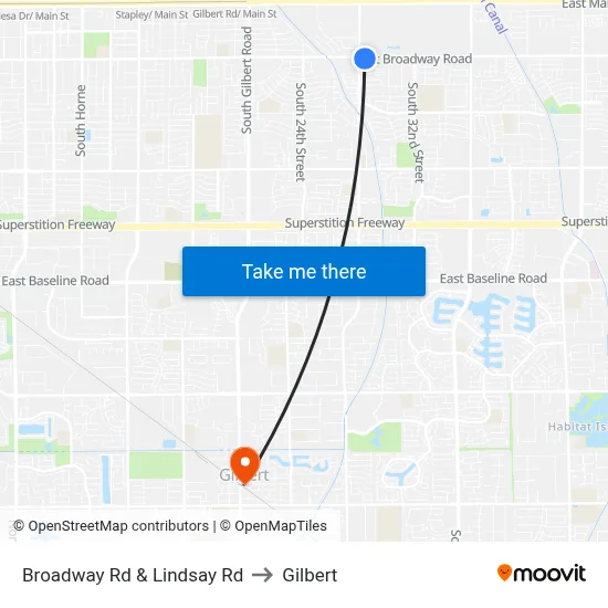 Broadway Rd & Lindsay Rd to Gilbert map