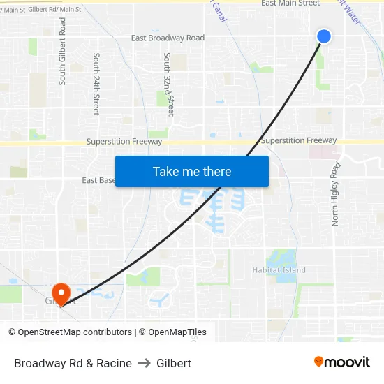 Broadway Rd & Racine to Gilbert map