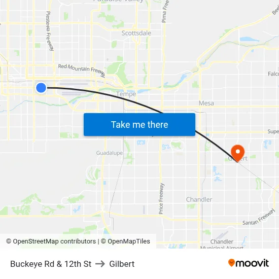 Buckeye Rd & 12th St to Gilbert map