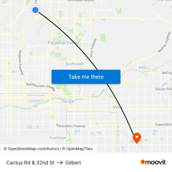 Cactus Rd & 32nd St to Gilbert map